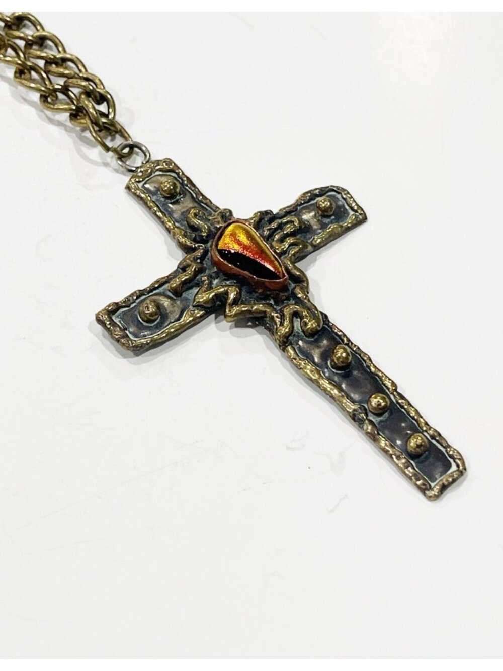 Vintage Artisan Brass Cross Pendant Necklace Dichroic Glass Gothic Brutalist